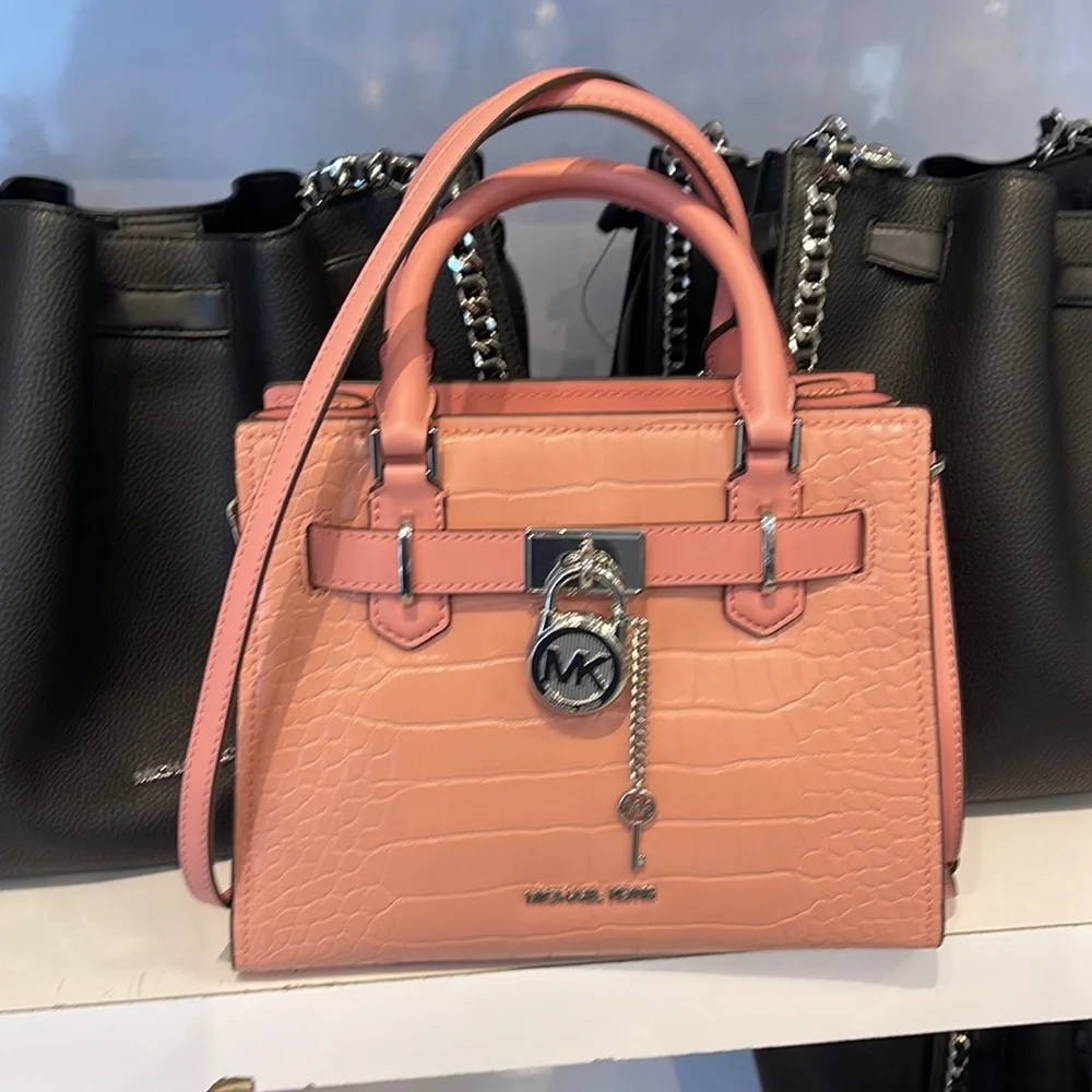 MICHAEL KORS Hamilton Small Crocodile Embossed Faux Leather Satchel Primrose NWT